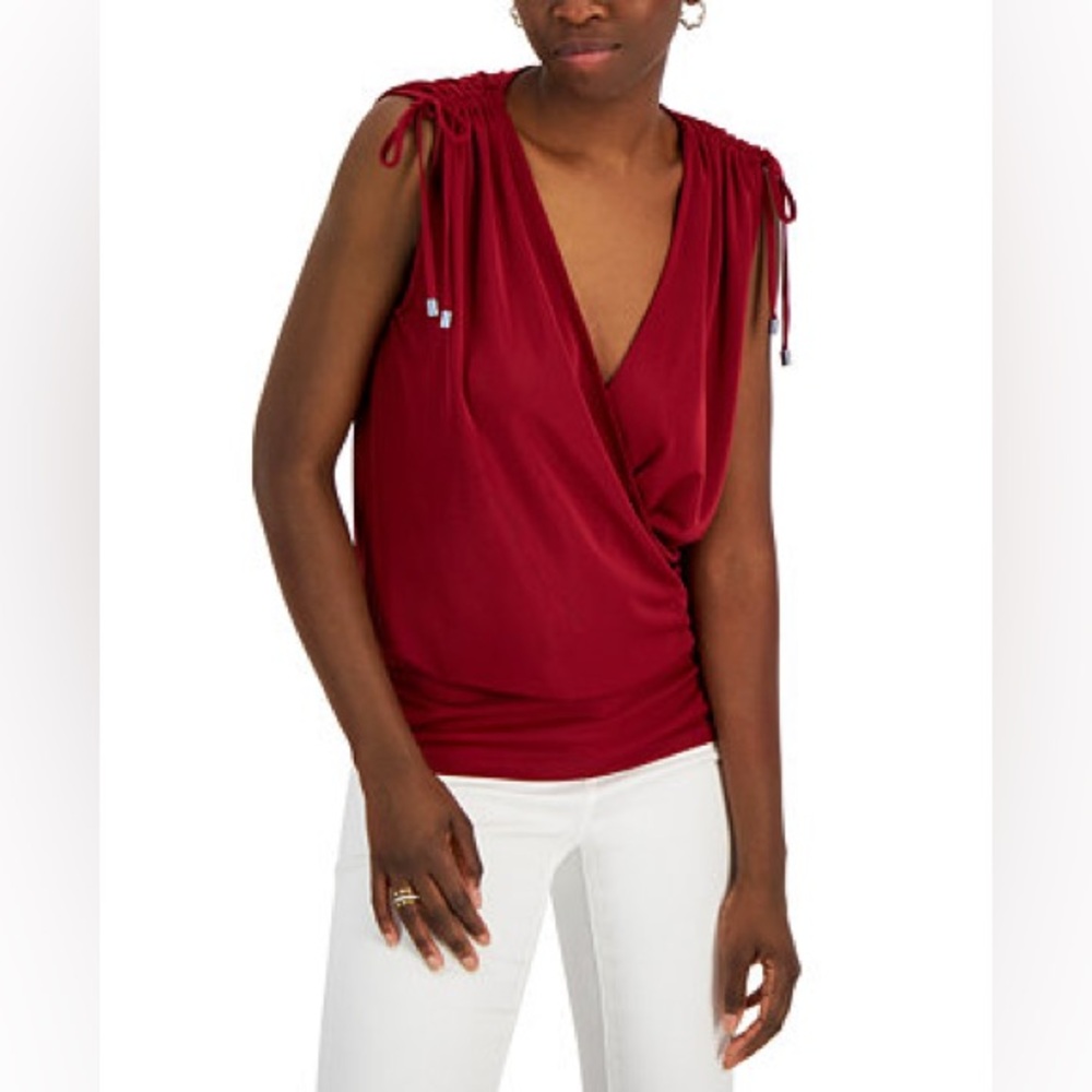 INC Ruched Shoulder Surplice Top In Ruby Slippers